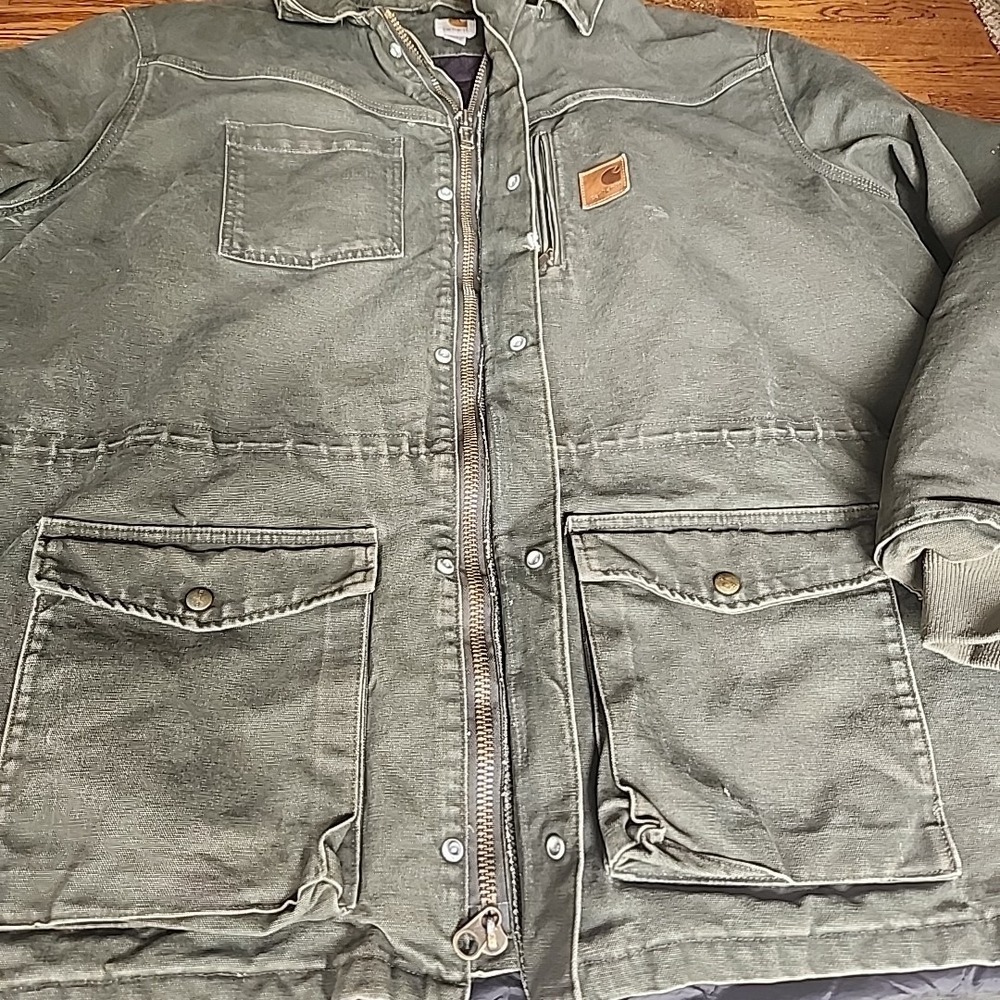 Vtg Carhartt Thrashed Moss Green Field Coat Men 3XL Work‎ Grunge Industrial Grit